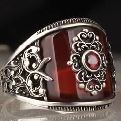 Men's Handmade Red Agate Stone Silver Ring - Size 10