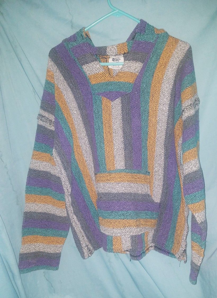 Vintage Mexican 100% Cotton Serape Hoodie Poncho Sweatshirt Hippie Bohemian