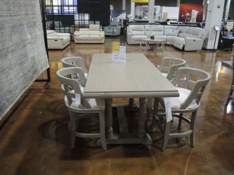 Counter Height Table with 4 Chairs - Natural & Milan Lino (Cream Top With Light Gray-Green Base) | Dining Set | Dinette Set
