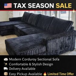 Black Jumbo Corduroy Double Chaise Sectional Sofa 118"W X 59"D X 34"H