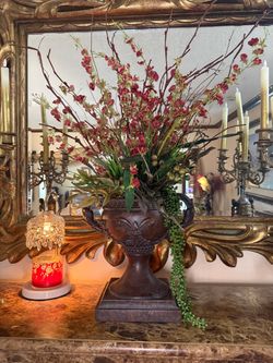 Dark Bronze Urn Vase with Floral Arrangement