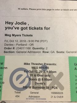 2x Concert tix- Meg Meyers Tickets-Portland Oregon Fri Oct 12th