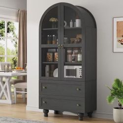 2402(0002) $120  71" Tall Arched Cabinet, Modern Display Cabinet with Dual Glass and 2 Drawers, 4-Tier Versatile Wood Arched Bookshelf for Living Room