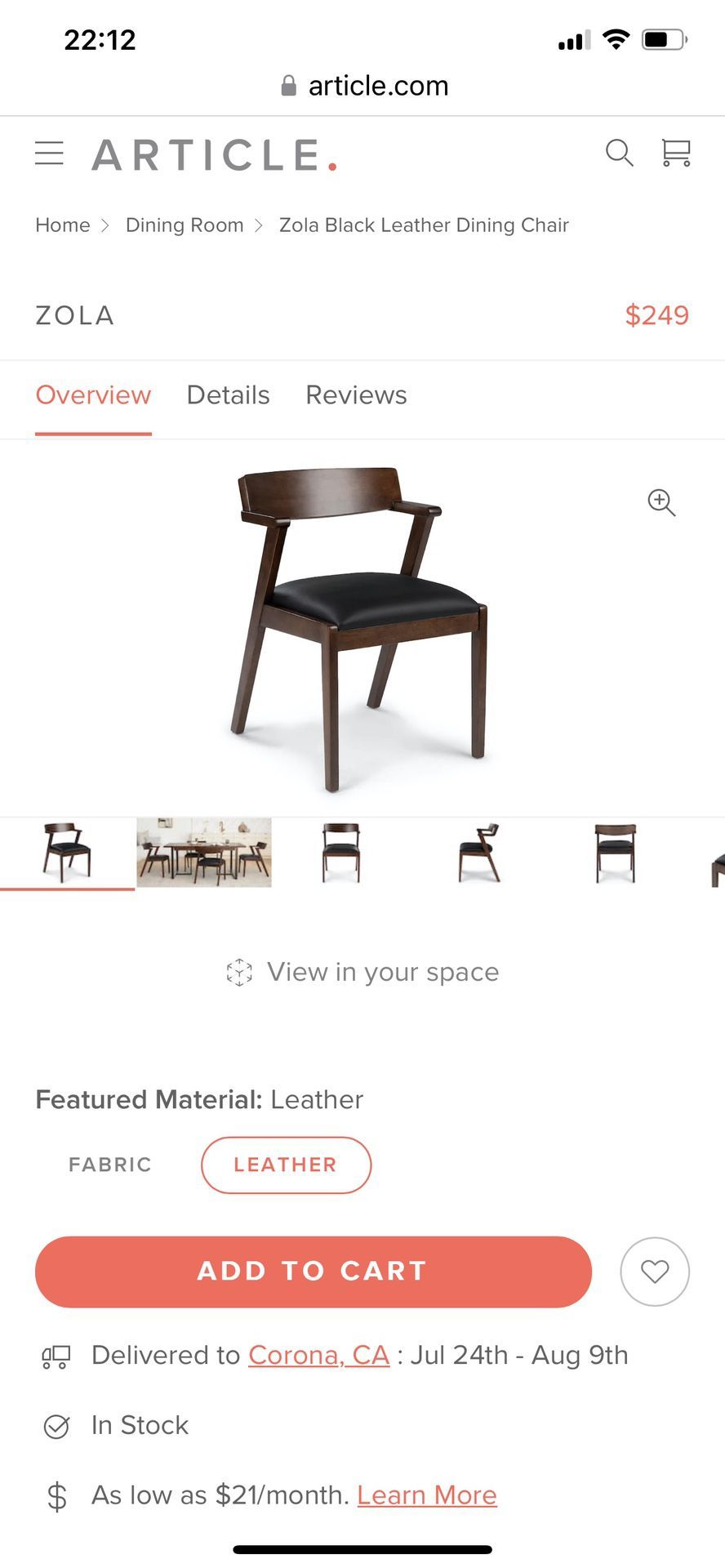 Article Dining Chairs (4) Walnut Wood and Leather