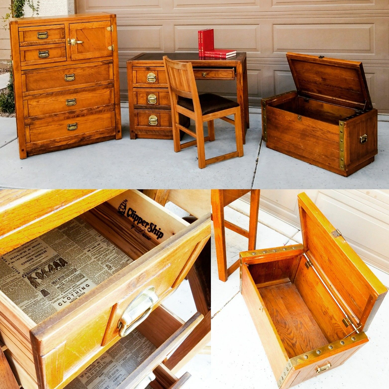 Vintage Dixie Solid Oak Wood Children's Bedroom Furniture, 4 Piece Set, Dresser, Desk, Chair and Toy Chest, Very Valuable Pieces! **O.B.O