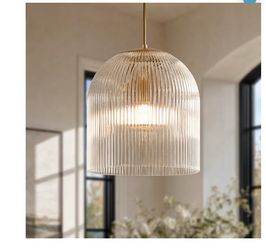 13" Ribbed Glass Pendant Light(13.8" D × 15" H) Vintage Brass Kitchen Island Hanging Light, Clear Glass Pendant Lighting Fixture for Dining Room, Entr