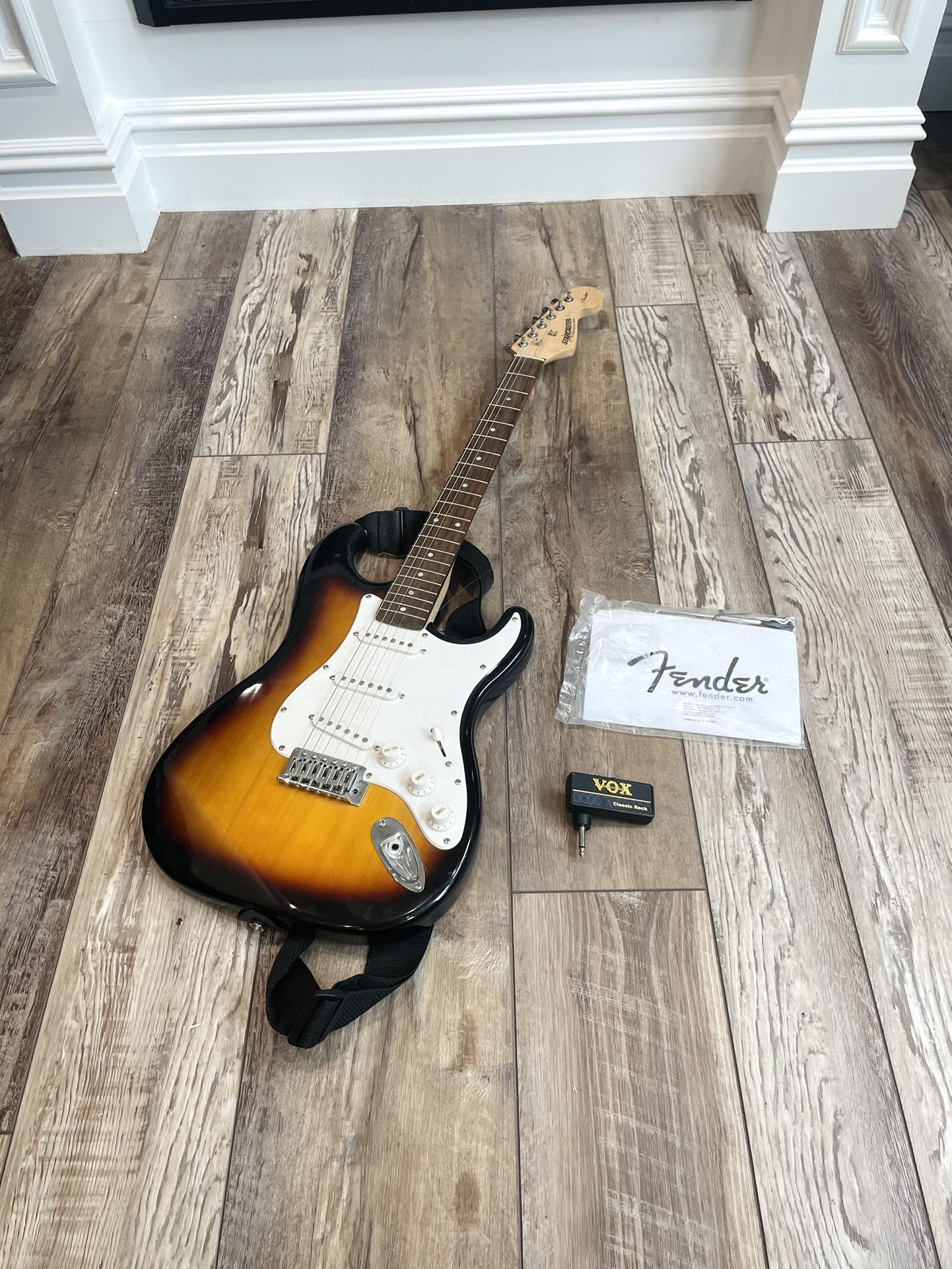 Fender Squier Standard Stratocaster Amber Sunburst Electric Guitar and VOX Guitar/Bass Plug Lot