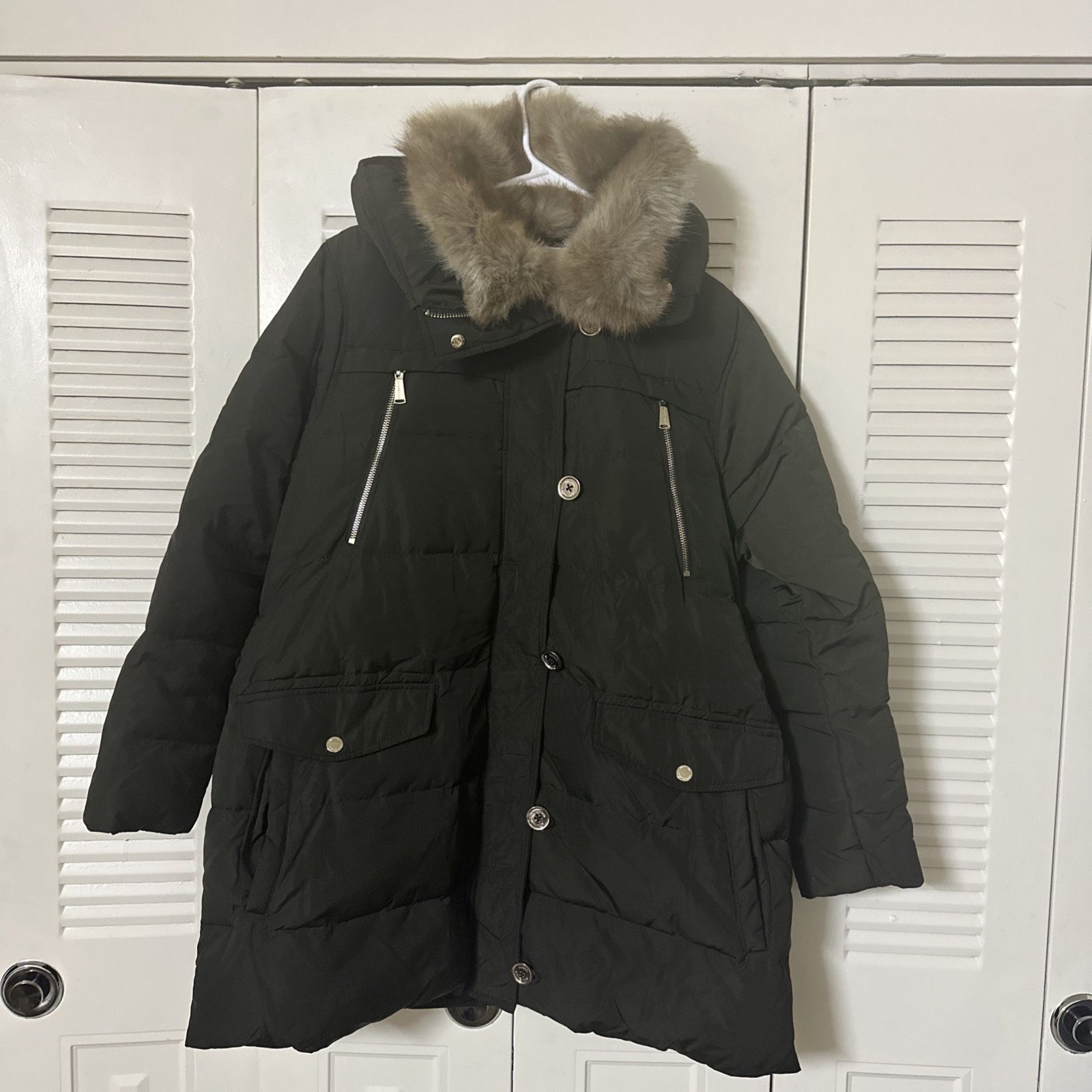 Michael Kors Women's Navy Faux-Fur-Collar Hooded Down Puffer Coat XL New Olive