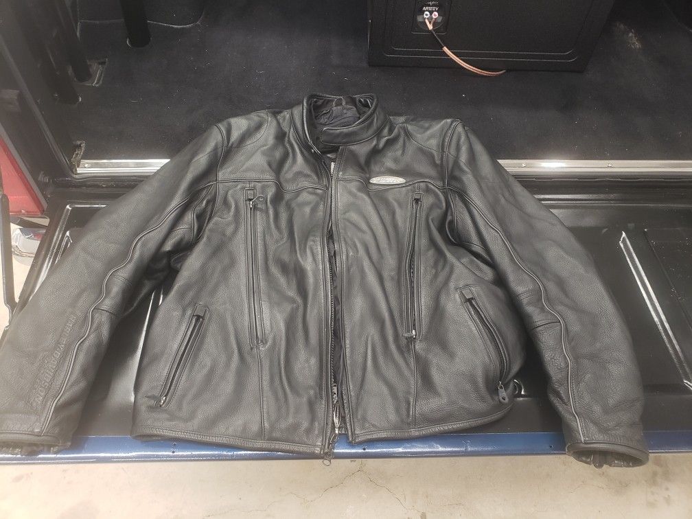 Harley FXRG Padded Leather Jacket, Leather Chaps, And Helmet