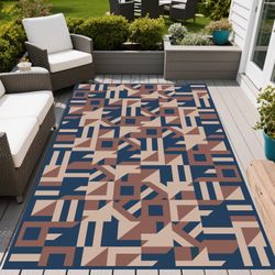 5x8 Waterproof Reversible Plastic Straw Outdoor Area Rug, Multi Color Geo Pattern, NEW