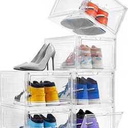 Shoe Box Organizer,Set of 6,Stackable Plastic Shoe Box with Clear Door, Shoe Storage Box Containers,For Display Sneakers,Easy Assembly,Fit up to US Si