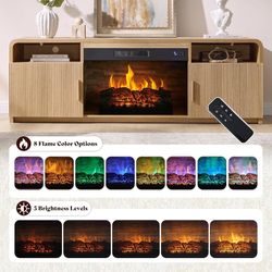 70" Fluted TV Stand with 30" Electric Fireplace Natural Oak TV Console, Fits TVs up to 80", Modern Wooden Living Room Entertainment Center, 2 Storage 