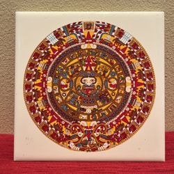Mayan Calendar Native American Meskwaki Indian Settlement Folk Art Tile VTG 70s