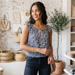 Self Esteem Floral Smocked Waist Top Juniors XS S Boho Tie Neck Peasant Blouse