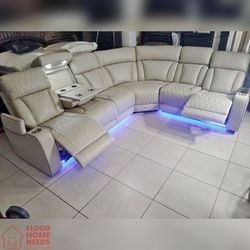 Cream Color Power recliner sectional sofa with LED USB Wireless charger