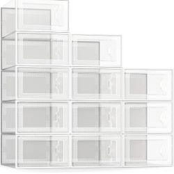 SEE SPRING 12 Pack Shoe Storage Box, Clear Plastic Stackable Shoe Organizer for Closet, Space Saving Foldable Shoe Rack Sneaker Container Bin Holder