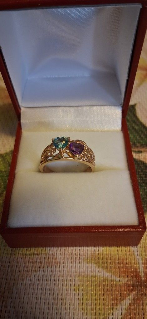Two Heart Aquamarine And Amethyst 14k Gold Ring