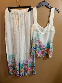 Johnny Was Calif City Border Swiss Dot Whit Cami & Wide Leg Pants Set  XL NWT