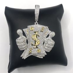 925 Sterling Silver 6.80CT MOISSANITE Thumbs Up Dollar Sign Men’s Pendant 