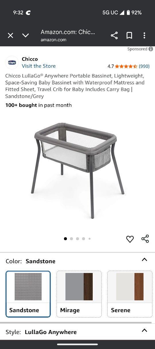 Chicco LullaGo® Anywhere Portable Bassinet, Lightweight, Space-Saving Baby Bassinet with Waterproof Mattress and Fitted Sheet, Travel Crib for Baby