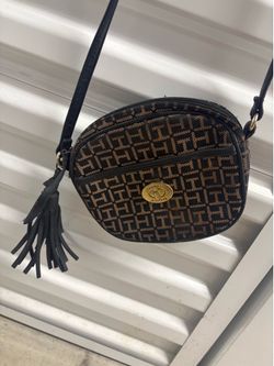 Tommy Hilfiger Logo Accent Shoulder Bag Brown Black Tassel Gold Hardware Women's