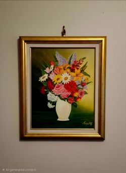 framed vintage floral still life oil or acrylic painting on canvas Signed ANJA