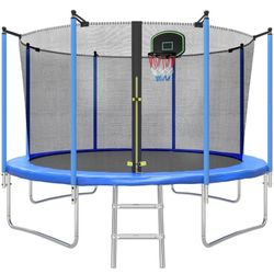 12FT Trampoline for Kids with Basketball Hoop and Enclosure Net/Ladder, Blue