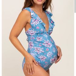 Teal Floral Ruffle Maternity One-Piece Swimsuit