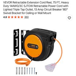 VEVOR Retractable Extension Cord Reel, 75 FT