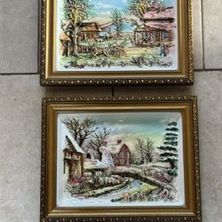 Pair of Vintage painted tile pictures
