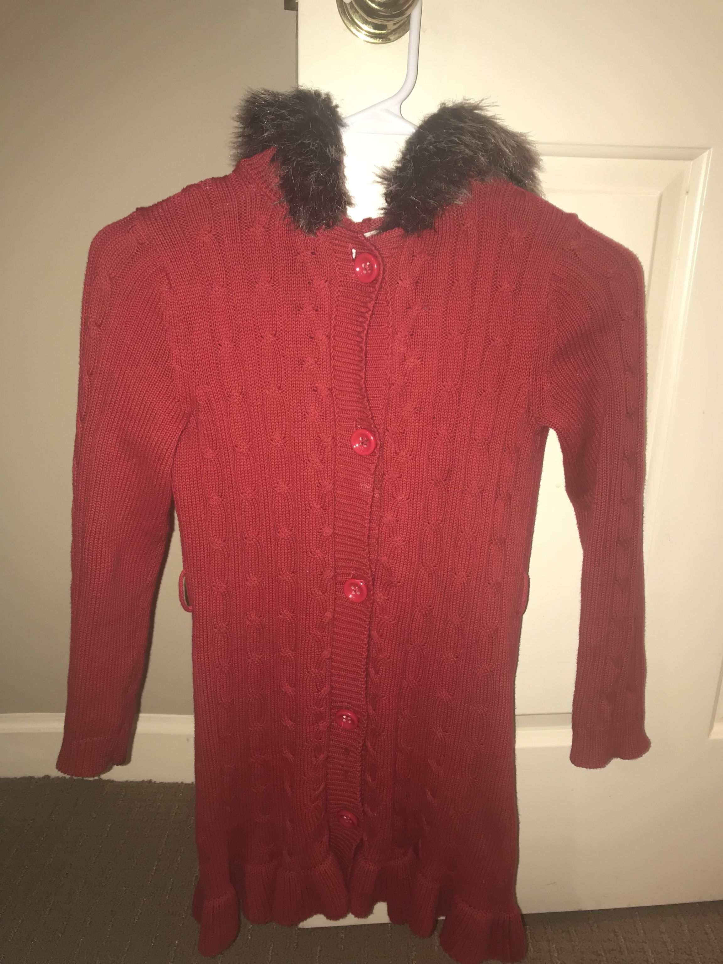 Red Sweater With Fur Hood Size 5-6 Girls