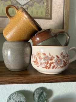 Boho vintage stoneware pottery floral mugs coffee