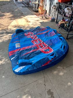 2 Person Inflatable Towable Tube for Boating with Stabilizer Fins and Handles with Knuckle Guards
