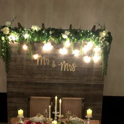 Mr & Mrs Wedding Backdrop with Lights & Floral Garland