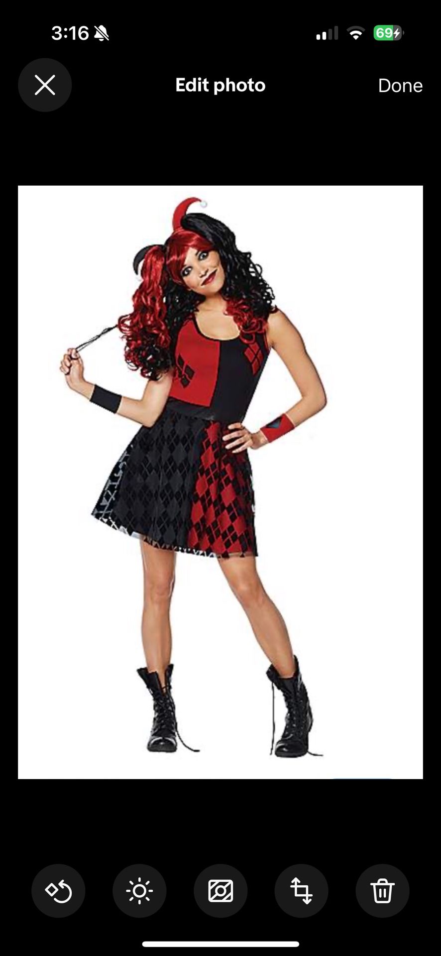 DC Adult Harley Quinn Halloween Costume Dress women’s Medium (8-10) New with tags, includes Dress with foil print skirt, headband, wrist cuffs, red/bl
