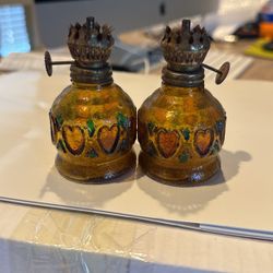 Pair Of Miniature Gold Glass With Heart Lanterns