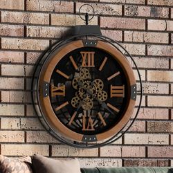 Driini 24 Inch Large Rustic Farmhouse Gear Clock with Moving Gears - Vintage Oversized Wall Clock with Iron Frame - Giant Industrial Steampunk Wall Cl