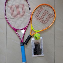 2 Tennis Rackets (With Grip Tape And A Tennis Ball)