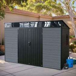 10x7ft Outdoor Resin Garden Shed with Floor and 1 Openable Window, Plastic Patio Outdoor Storage Shed with Lockable Door for Garden Tools, Bicycles, T