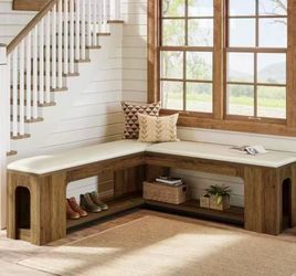 QL0008 47" L-Shaped Corner Bench with Cushion, Farmhouse Breakfast Nook Bench, Wood Storage Bench for Kitchen, Dining Room & Entryway, Rustic Brown