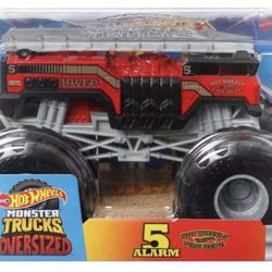 2025 Mattel, Hot Wheels 🛞 Oversized Monster 👹 Trucks, 5 Alarm🚨. Metal, Die-Cast 1/24 Scale. Colors: Red & Grey. 