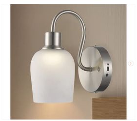 9.88 in. 1-Light Brushed Nickel LED Rechargeable Battery Operated Wall Sconce with Frosted Glass Shade, Remote Included