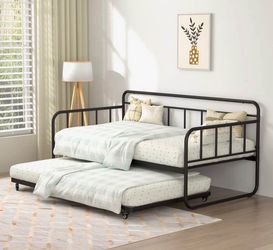 Twin Size Daybed And Trundle Bed Frame Set, Twin Metal Daybed Frame With Pull Out Trundle Bed, Black