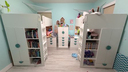 Two Ikea Twin Smastad Loft Beds with Desks and Extra Storage