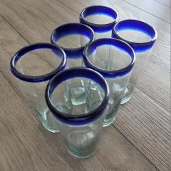 Cobalt Blue Rim 14 oz Highball Glasses Set of 6 hand-blown from Mexico