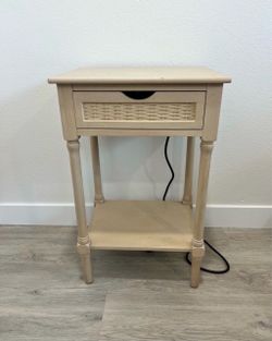 Beige Nightstand with Rattan Drawer and Shelf