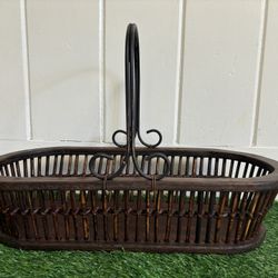 Vintage Wood Basket approximately 19.5”ux 8.75”x 4.75" Metal Handle Dark Brown Farmhouse Rustic