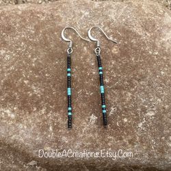 Turquoise And Black Simple Beaded Earrings, New, Handmade By Me