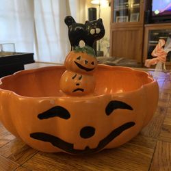 Halloween Candy Dish Bowl Treats Black Cat Pumpkin Orange