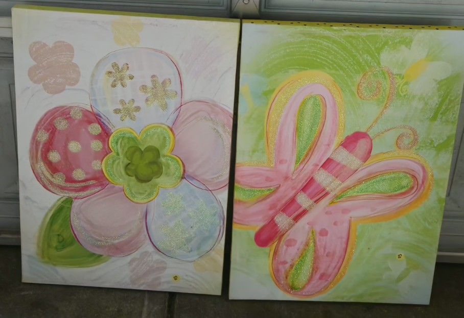 Colorful Pair of, 2, Hobby Lobby 24"x 17" Canvas Wall Art with Flower & Butterfly